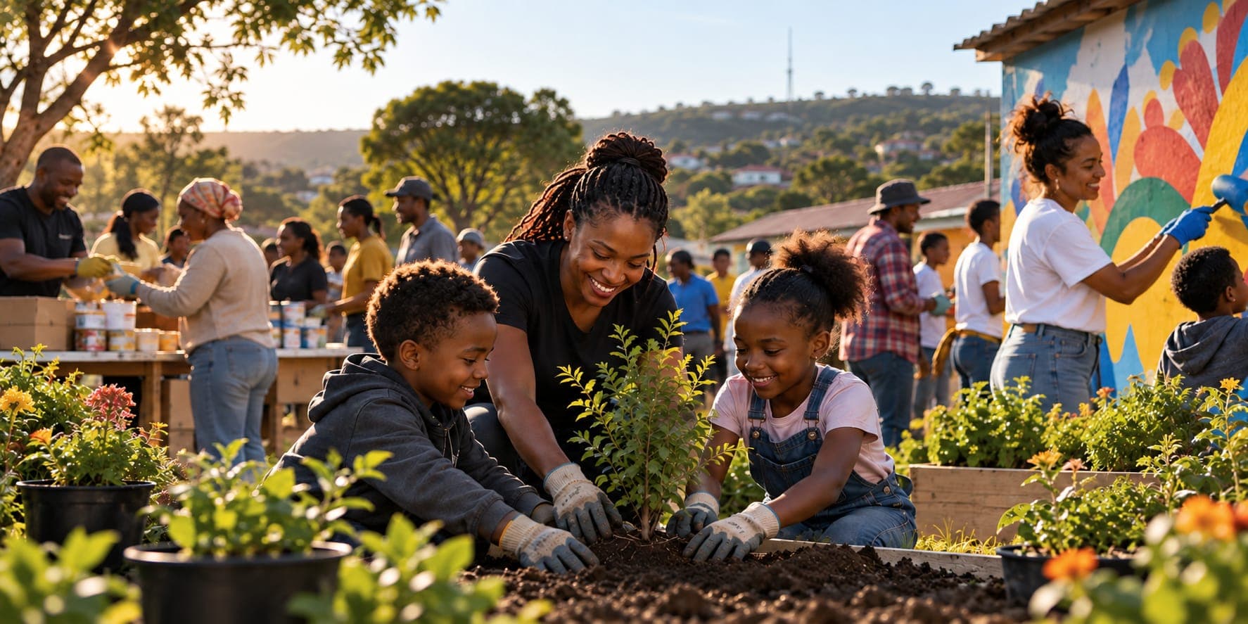 Children and volunteers planting a community garden beside a painted mural