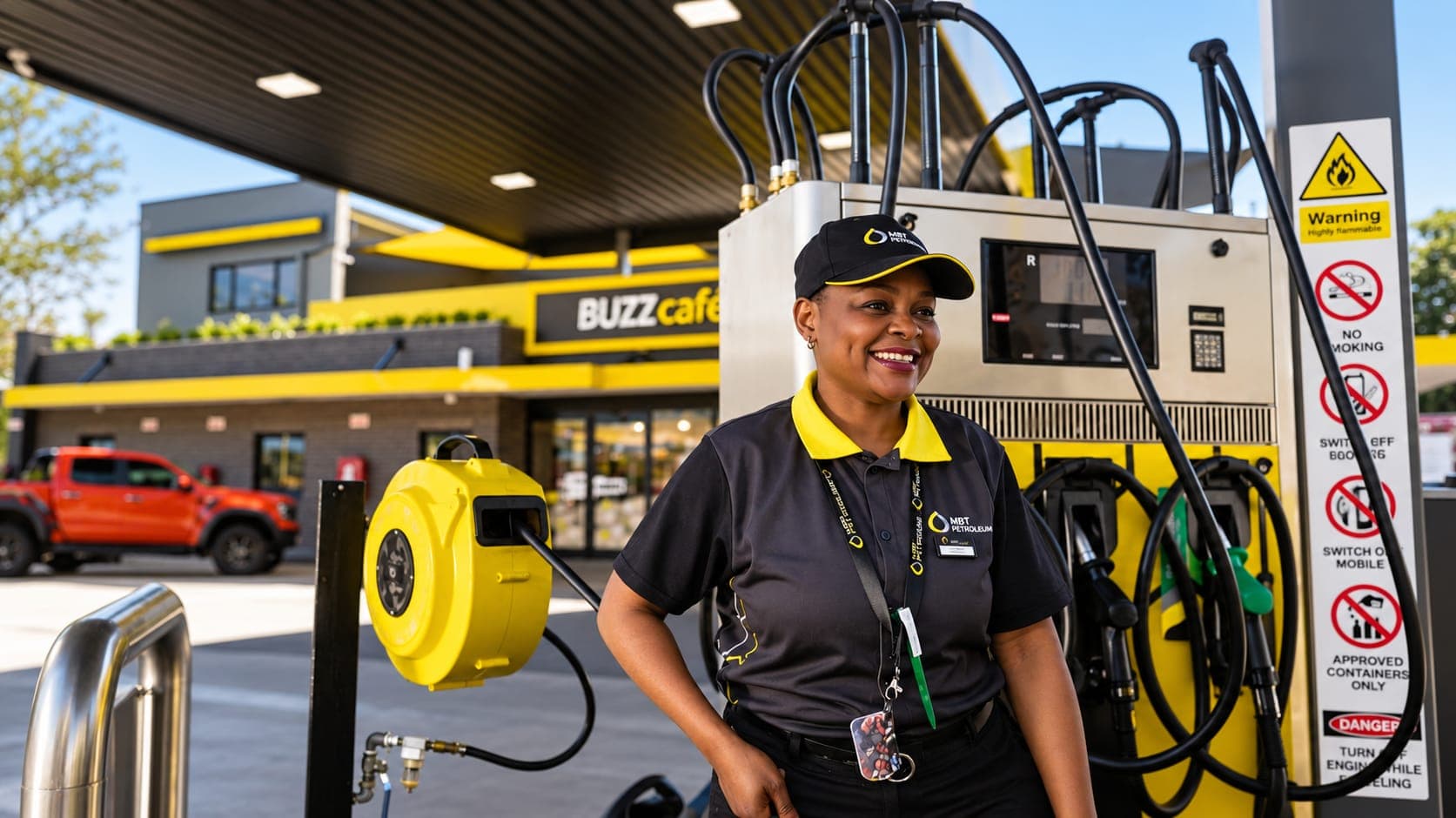 A smiling MBT forecourt attendant beside a pump, with a Buzz Café behind