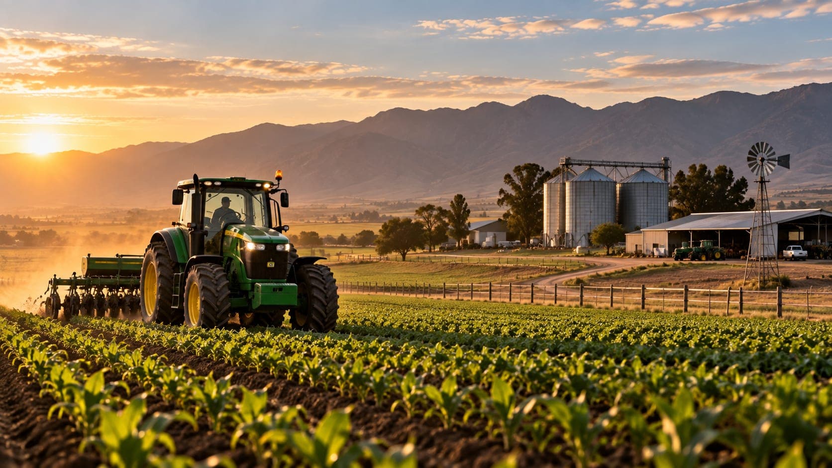 A tractor working a field of crops, grain silos behind it