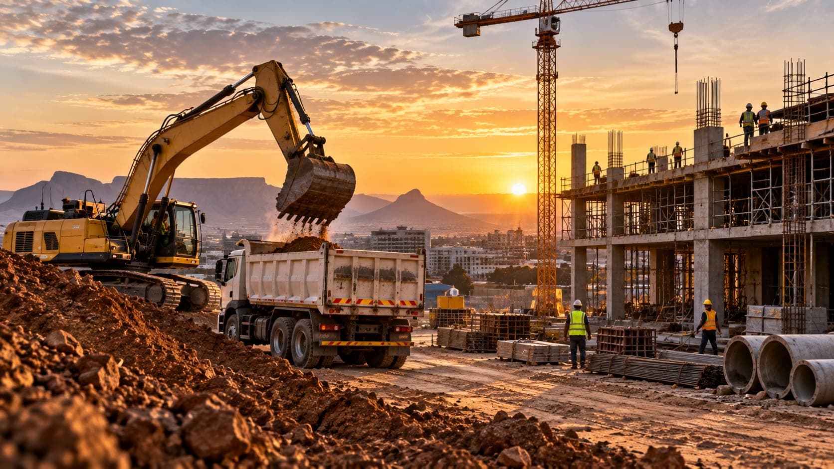 An excavator loading a tipper truck on a building site