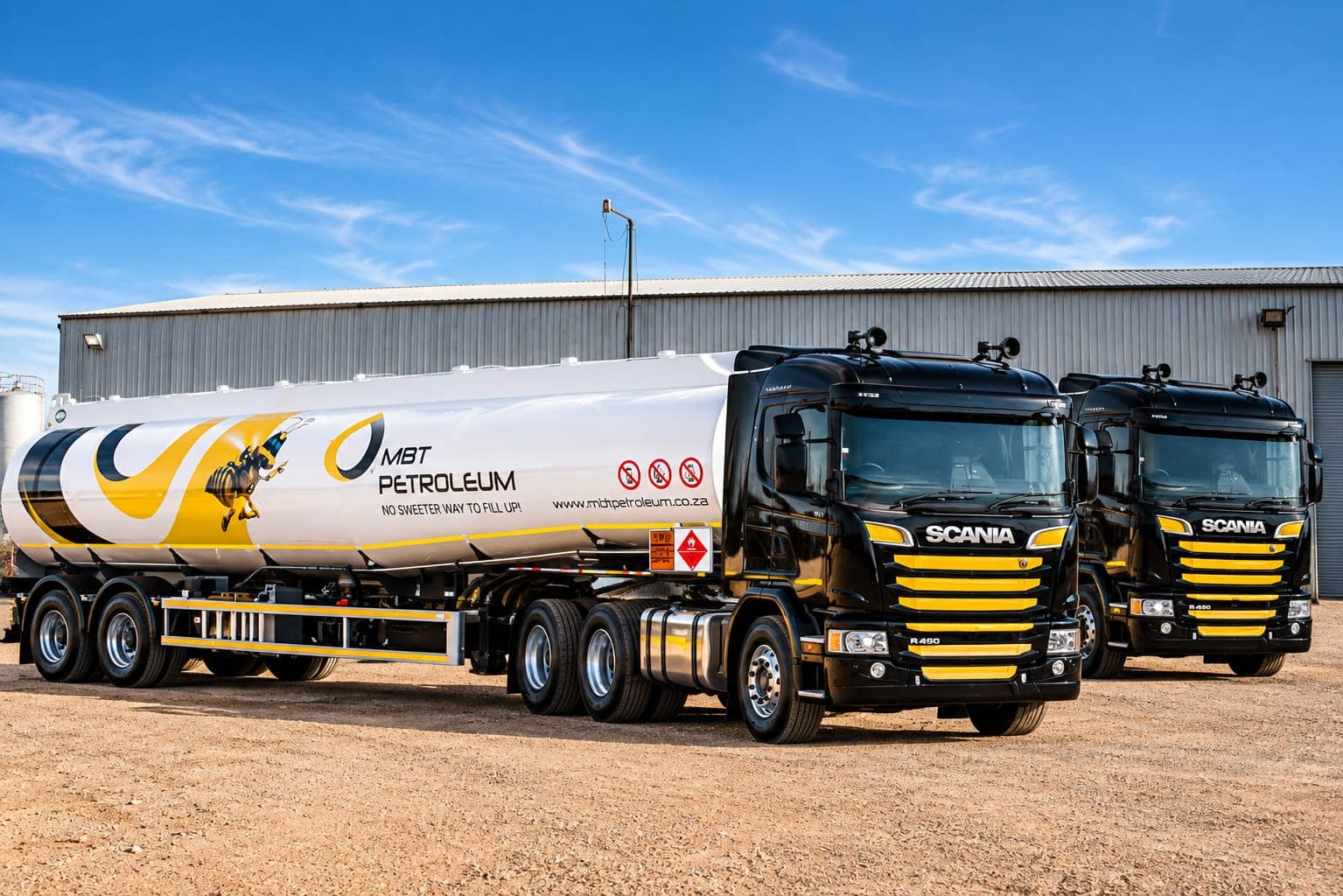 Two MBT Petroleum road tankers parked at a depot