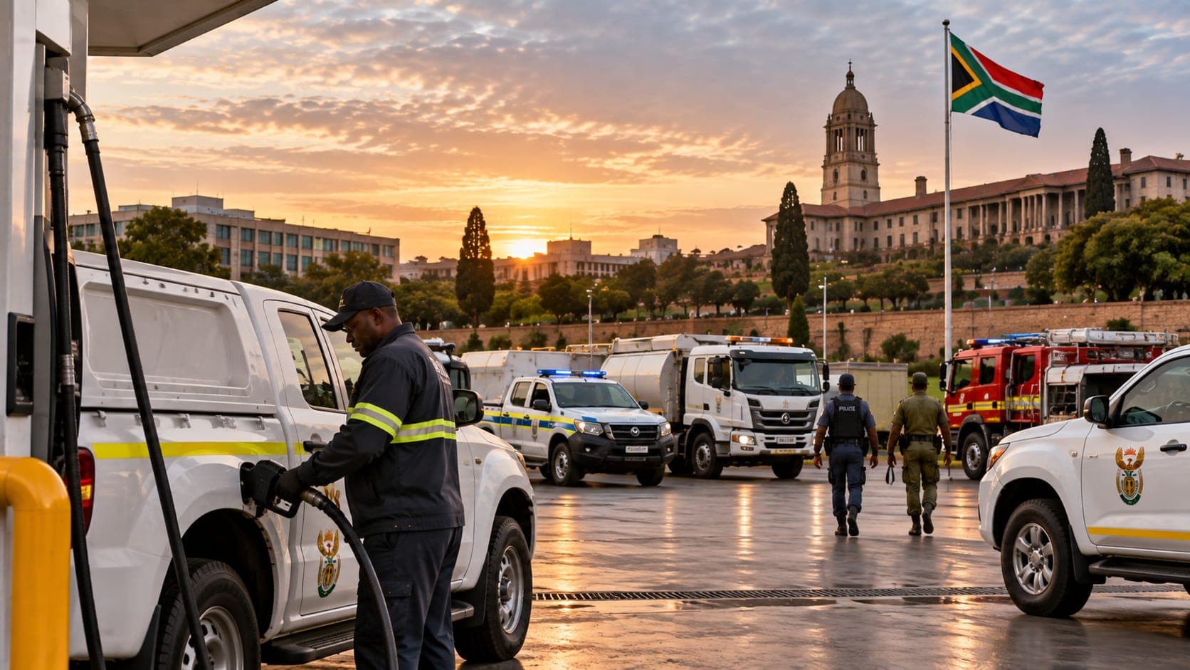 A government vehicle being refuelled, the South African flag flying behind