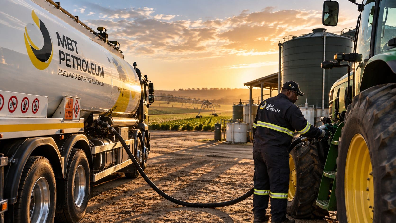 An MBT Petroleum tanker refuelling a tractor on a farm at sunset