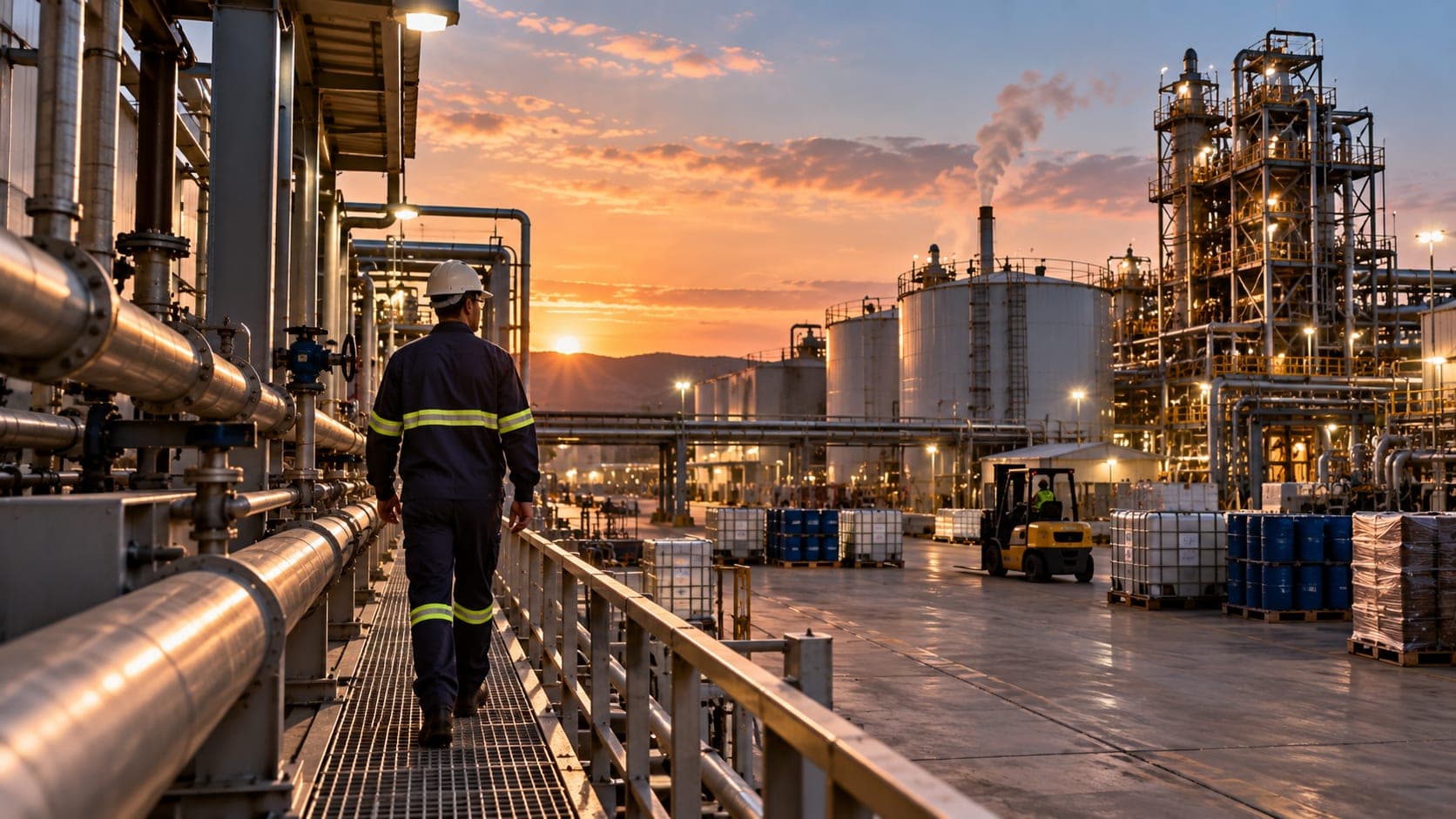 A worker walking the pipework of an industrial plant