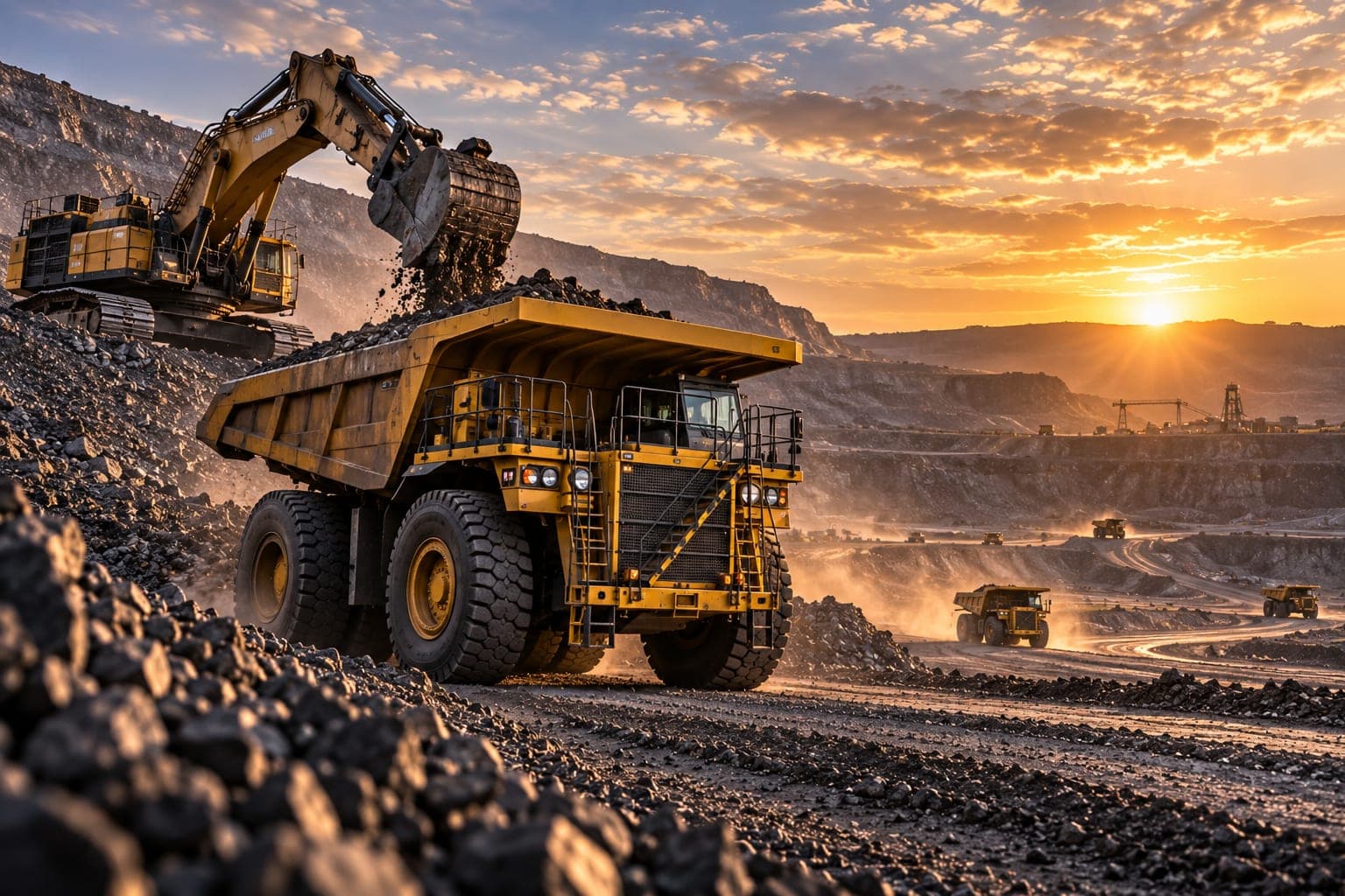 An excavator loading a haul truck at an open-cast mine