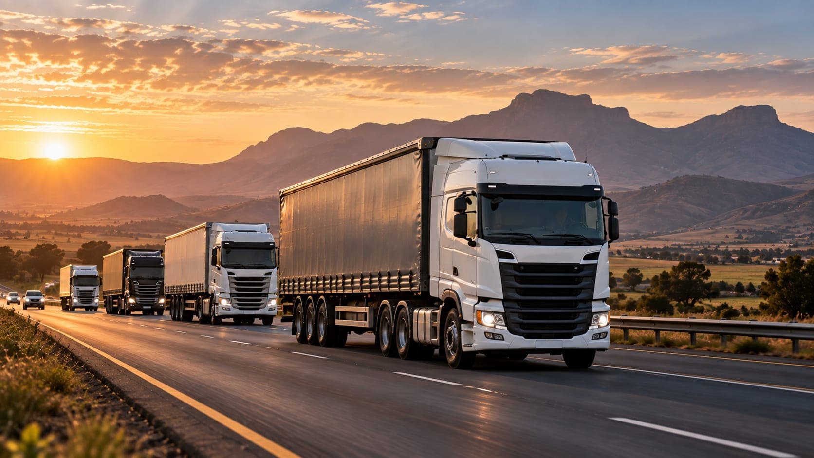 Trucks travelling a highway at sunset