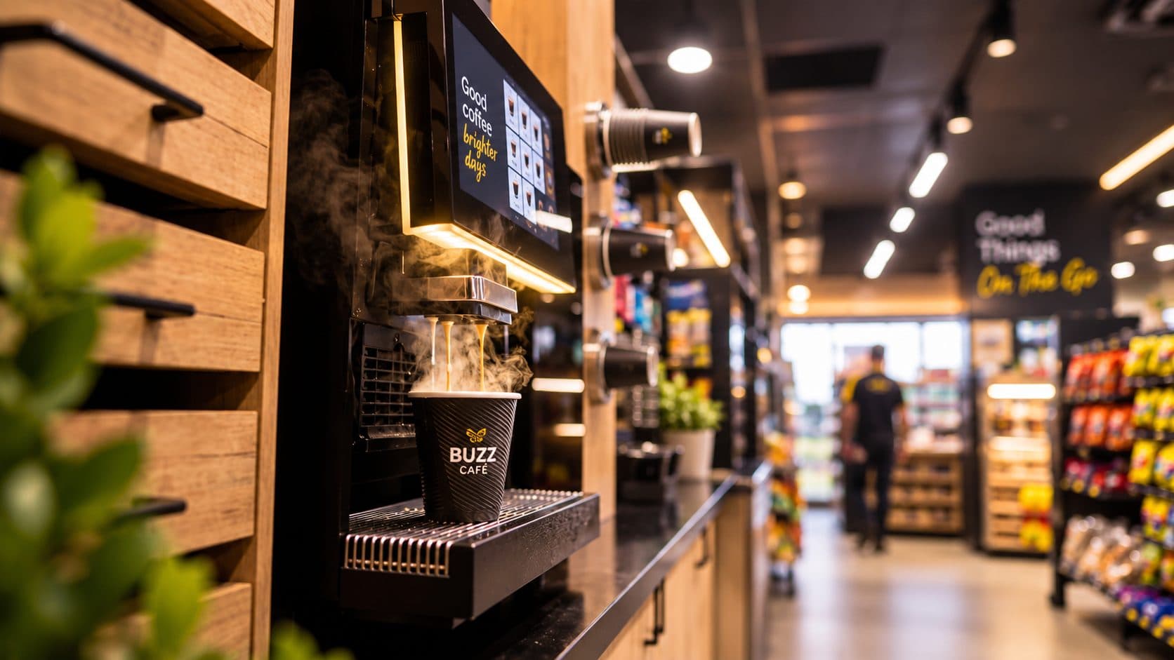 A coffee being poured at a Buzz Café counter inside an MBT station
