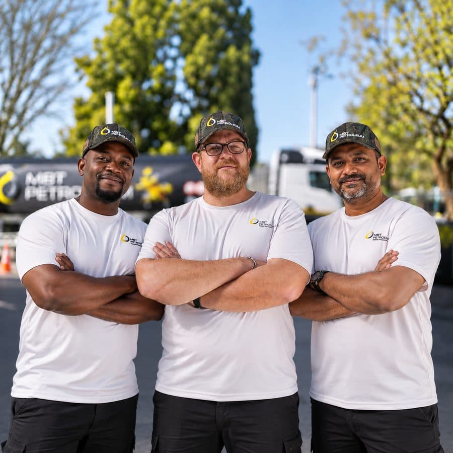 Three MBT Petroleum team members standing together on a forecourt