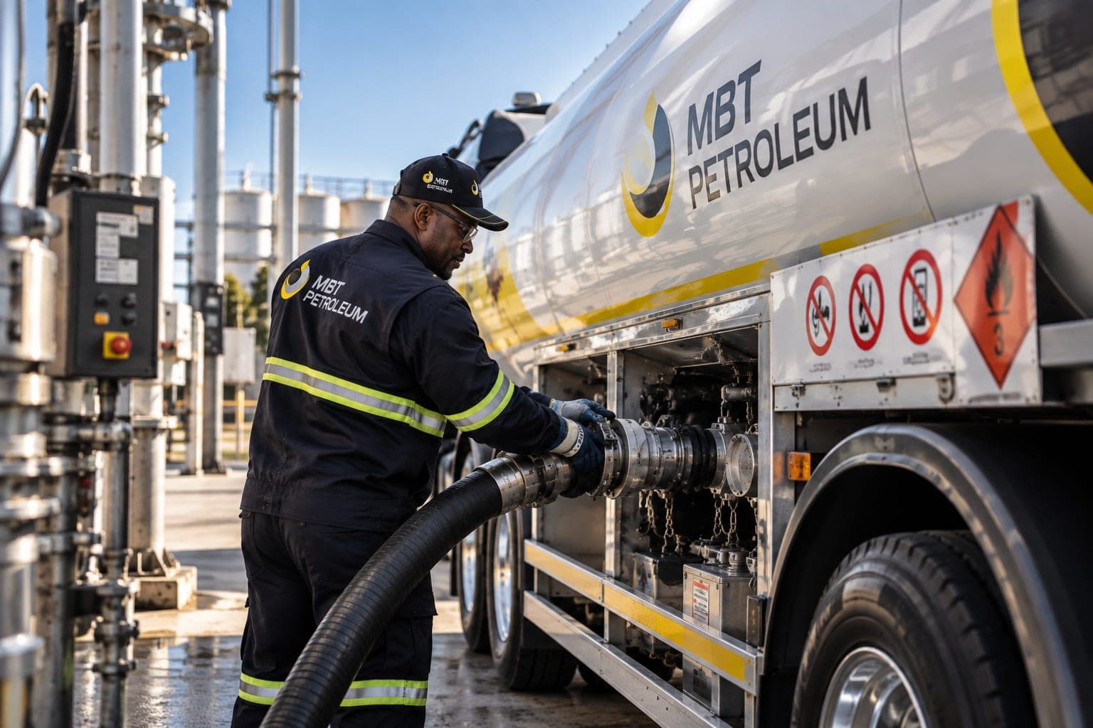 An MBT Petroleum driver connecting a hose at a depot