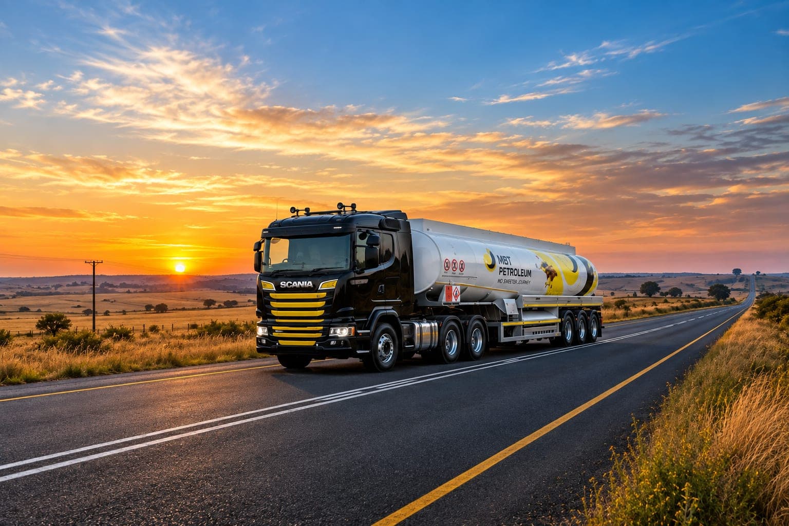An MBT Petroleum road tanker on the highway at sunset