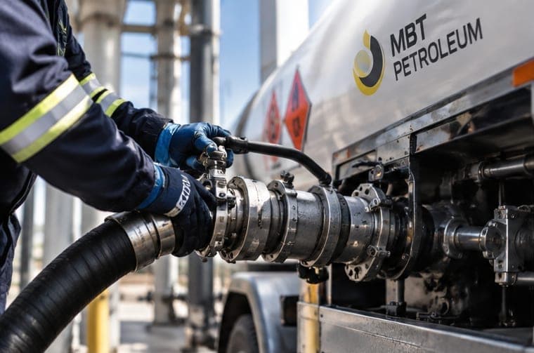 A worker connecting a hose to a tanker's valves