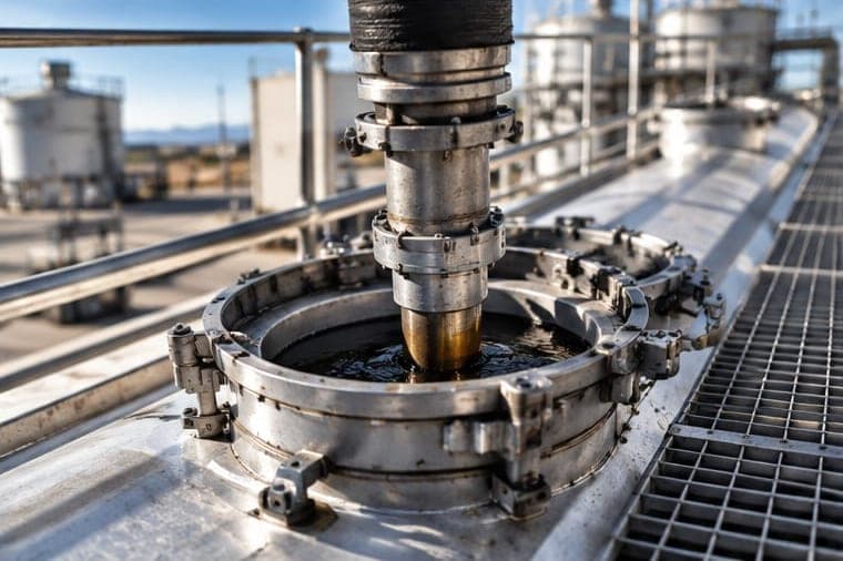 A fill pipe lowered into an open storage tank