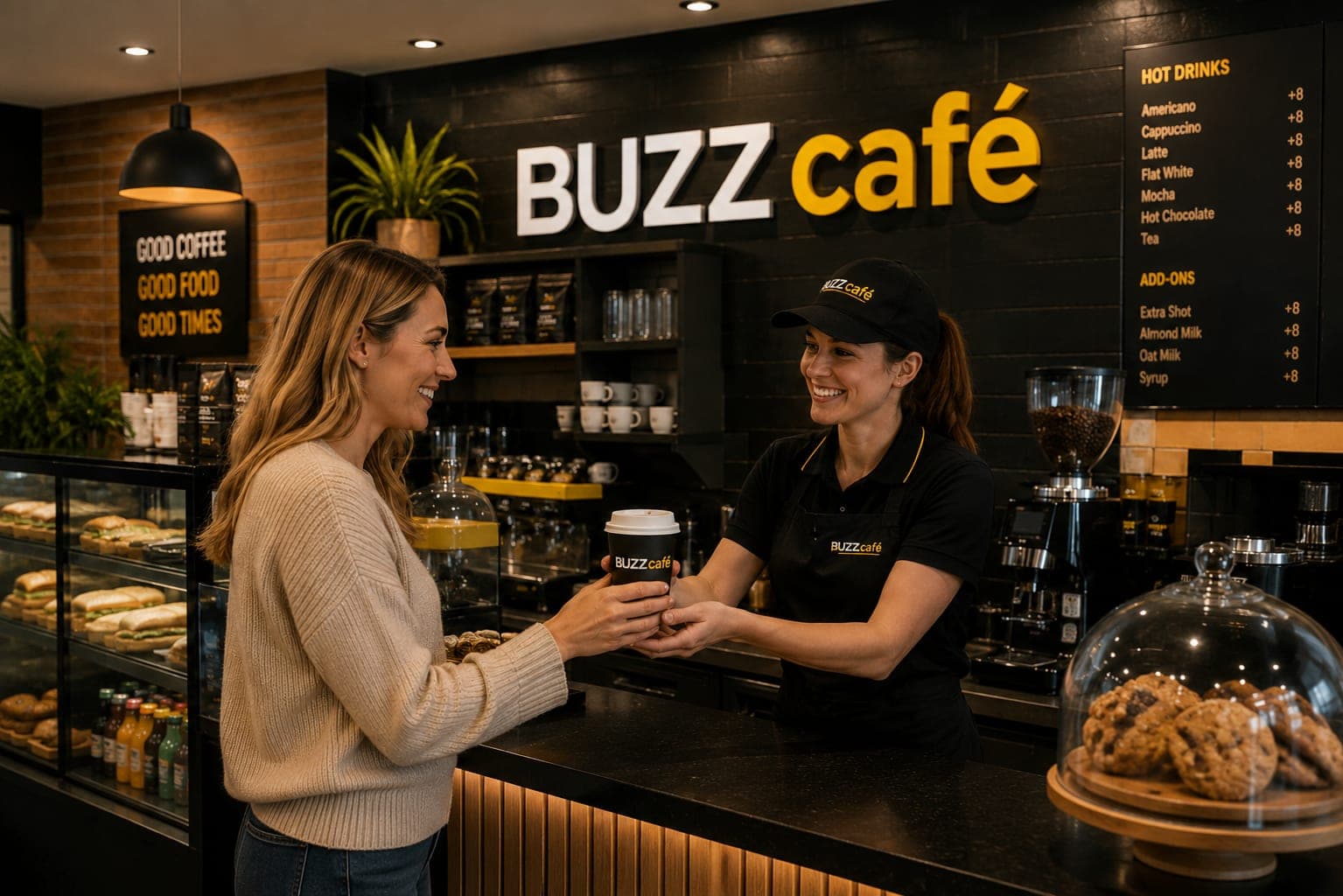 Customers being served at a Buzz Café 24 counter