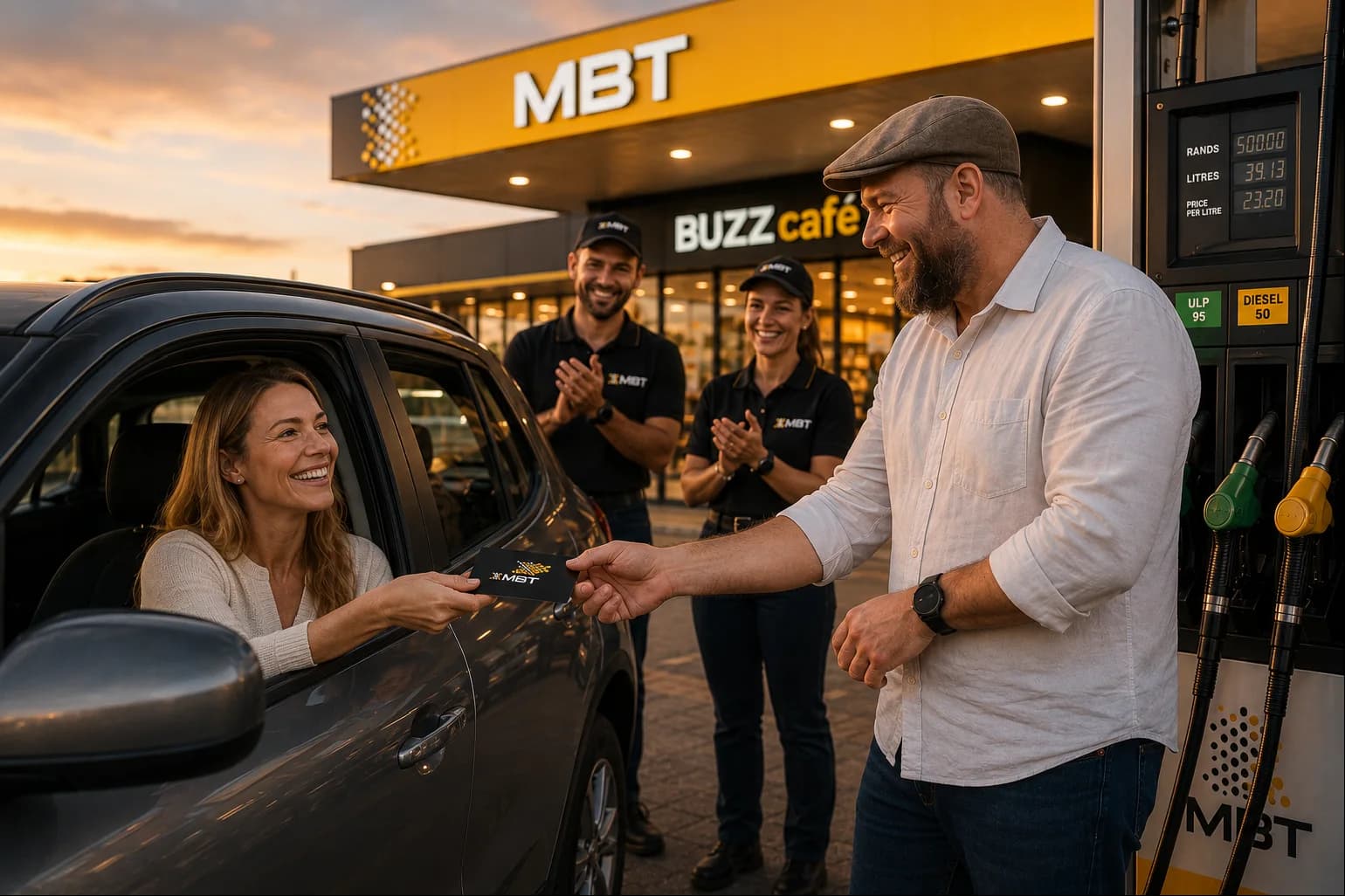 A customer being surprised with free fuel at an MBT forecourt