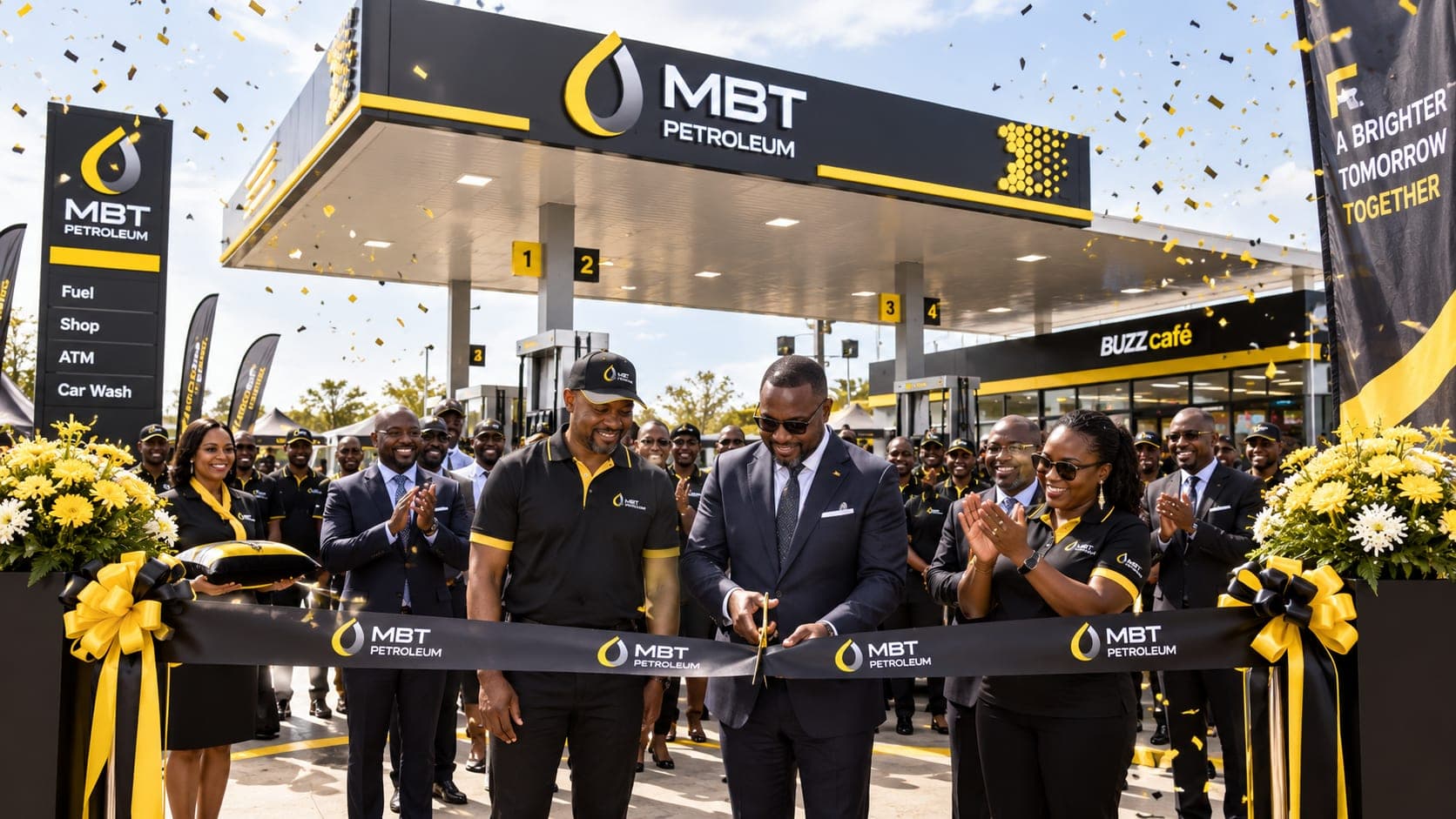 A ribbon being cut at the opening of an MBT filling station