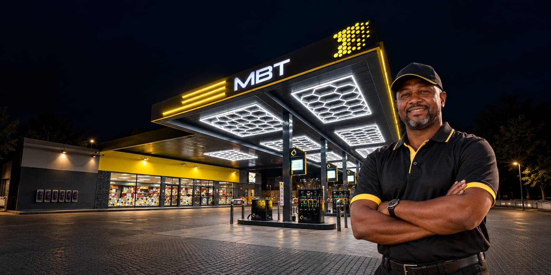 An MBT dealer, arms folded, in front of an MBT filling station at dusk