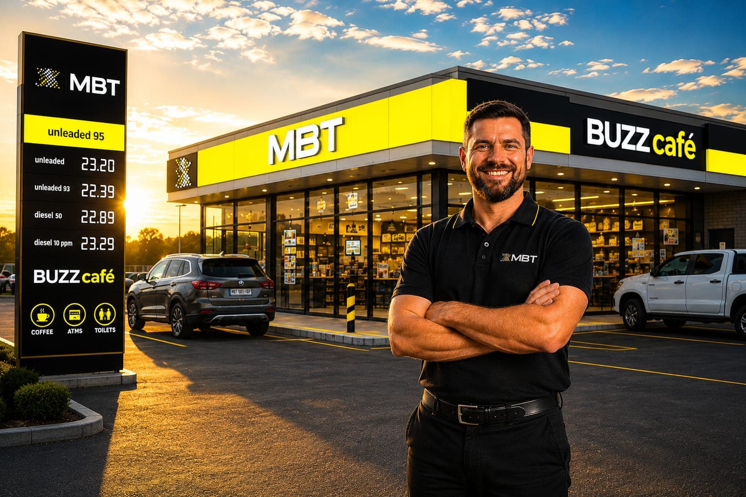 A franchise owner outside an MBT Buzz Café forecourt